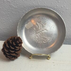 Vintage Hand Wrought Aluminum Duck Bowl Repousse Marsh Scene Catchall Dish